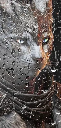 This phone live wallpaper depicts a realistic painting of a cat in the rain, with intricate digital art techniques utilized
