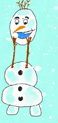 This phone live wallpaper features a delightful cartoon snowman perched atop a snowy stack
