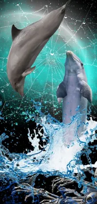 This phone live wallpaper displays a couple of dolphins jumping out of the water under a tarot card and a high detailed holographic background, which seems to create a beautiful space-time fabric-ripping effect