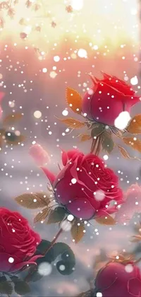 Looking for a stunning live wallpaper for your phone? Look no further than this beautiful wallpaper featuring a group of red roses on a bed of snow