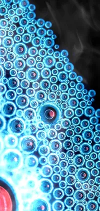 This phone live wallpaper offers a close-up of a modern device on a black backdrop, captured in microscope detail through a kinect pointillism method with mesmerizing blue and red light pigments