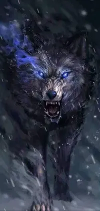 This live wallpaper depicts a powerful wolf with blue eyes running through the snow
