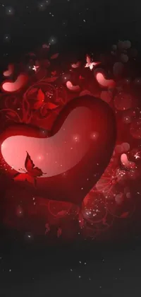 This phone live wallpaper features a beautiful red heart surrounded by flourishes of flowers and fluttering butterflies on a deep red background