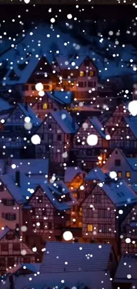This phone live wallpaper is a stunning digital art piece featuring a row of houses sitting in a snowy landscape