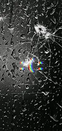 This phone live wallpaper features a black and white photo of a broken window, a futuristic raytraced image, and a breathtaking pexels photo showcasing a rainbow diffraction effect