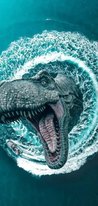 This phone live wallpaper features a digital art image of a fierce velociraptor charging through a body of water with its sharp teeth bared