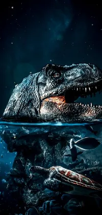 This live phone wallpaper showcases a dark nature background featuring detailed poster art of a dinosaur swimming in the water