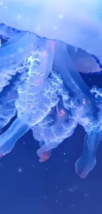 This phone wallpaper depicts a highly detailed jellyfish floating in water, with a hologram effect and soothing blue lighting