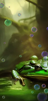 This live wallpaper features a green frog sitting atop a vibrant forest, illustrated in photorealistic style