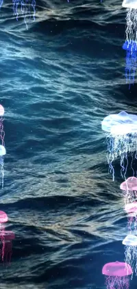 This live wallpaper features a group of jellyfish in stunning detail, floating atop a tranquil body of water
