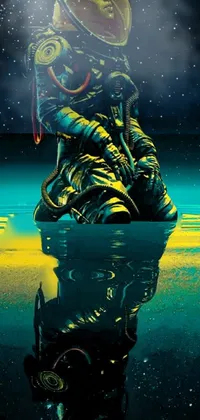 This live wallpaper features a reflective astronaut sitting at the edge of a body of water