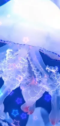 This is a captivating live wallpaper featuring a hologram jellyfish floating in water, surrounded by particle effects that create a magical and dreamy ambiance on your phone screen