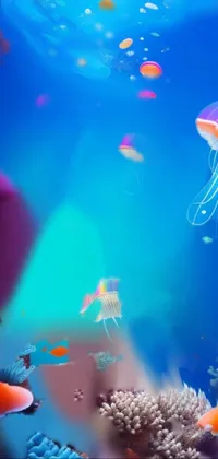 This stunning live wallpaper showcases a group of jellyfish swimming in an ocean surrounded by a colorful coral reef background