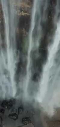 Enjoy a mesmerizing live phone wallpaper of a group admiring a beautiful waterfall in a scenic location