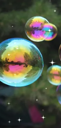This live wallpaper depicts a serene park scene, featuring sparkling soap bubbles drifting gently in the air