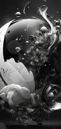 This live wallpaper for your phone showcases a black and white photo of a beautiful flower, enhanced with digital art that creates a glossy sphere and striking black splashes on the petals