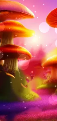 This live wallpaper showcases a mesmerizing scene of mushrooms resting atop a grassy field in a beautiful forest
