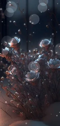 This live phone wallpaper showcases a stunning lantern on top of a snow-covered terrain with glowing flowers