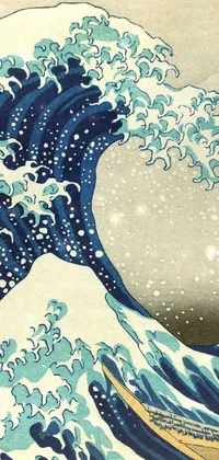 This phone live wallpaper showcases a highly-detailed painting of the iconic "Great Wave off the Coast of Kanagawa" Japanese artwork
