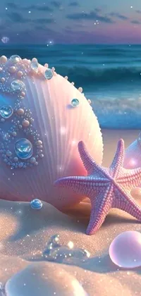 This beautiful live wallpaper features two seashells, surrounded by a sandy beach and sparkling crystals in a realistic, 3D environment