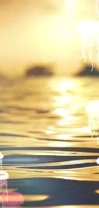 Get mesmerized with this stunning phone live wallpaper featuring animated golden jellyfish floating on a peaceful body of water