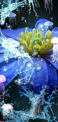 This stunning live wallpaper showcases a beautiful blue flower that seems to be submerged in a deep sea