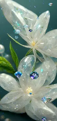 This stunning phone live wallpaper features beautiful white flowers resting on a table, surrounded by iridescent bubbles and floating crystals