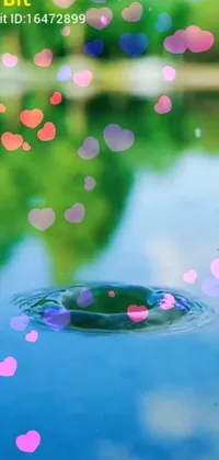 This phone live wallpaper showcases a mesmerizing water drop floating amidst a calm body of water
