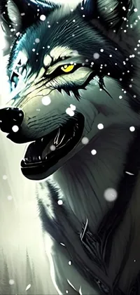 This live wallpaper depicts a highly detailed close-up image of a wolf with striking yellow eyes