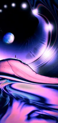 This phone live wallpaper features close-up of a vibrant digital art painting of a surfing person with purple volumetric lighting