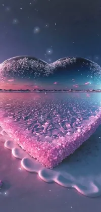 Add a romantic touch to your phone with this heart-shaped ice block live wallpaper on a serene beach