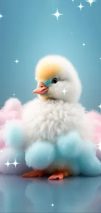 This adorable phone live wallpaper features a baby chicken resting on a fluffy cloud amidst a pastel color scheme, which creates a soothing environment on your phone
