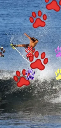 This live wallpaper showcases a furry character surfing on a large wave