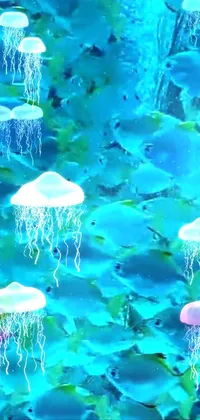 This phone live wallpaper features a group of beautifully rendered jellyfish, peacefully floating on top of a serene body of water