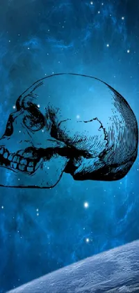 This live wallpaper features a detailed skull up close, surrounded by a blue, ethereal planet in the background with a distant, glimmering galaxy