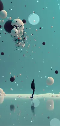 This phone live wallpaper features an awe-inspiring digital illustration of a man standing in front of a colorful bunch of floating balloons