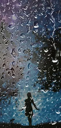 This phone live wallpaper displays a stunning acrylic painting of a person standing in the rain