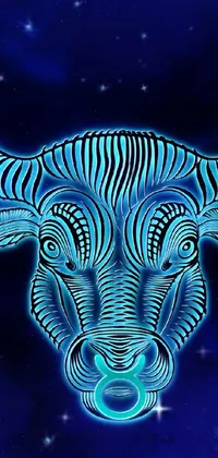 This phone wallpaper showcases a blue and black digital rendering of a bull's head with intricate details, set against a starry night sky