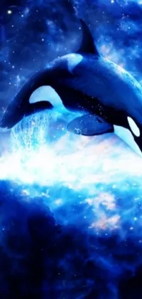 This phone live wallpaper features an awe-inspiring orca whale leaping out of the ocean waves against a heavenly blue background with intricate fractal designs and an ethereal underwater scenery