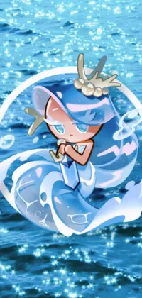 This phone live wallpaper features an adorable cartoon character sporting a water dress, floating on a serene body of water