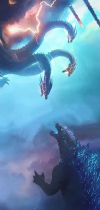 This phone wallpaper depicts a fantasy art concept of a Godzillas-like creature, emanating electric power from its mouth