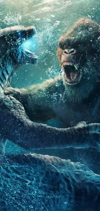 This phone live wallpaper showcases two animals in a body of water, a cobra from a trending Artstation picture, and a promotional image of King Kong raging through the streets
