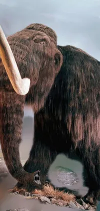 This live wallpaper features a stunning 3D rendering of a woolly mammoth walking across a rugged landscape