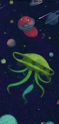 This phone live wallpaper showcases a stunning painting of a jellyfish floating in space, surrounded by planets and stars