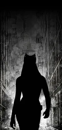 This cat girl live wallpaper features a silhouette in a dark alley, a Zack Snyder poster, and a huntress in a massive cavernous iron city