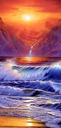 Take your phone's display to the next level with this stunning live wallpaper! Featuring a breathtaking painting of a sunset over the ocean in vibrant purple and orange hues, every detail of this mesmerizing scene has been carefully crafted to create a sense of serene bliss and wonder