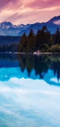 This phone live wallpaper showcases a breathtaking landscape of a peaceful body of water and towering mountains