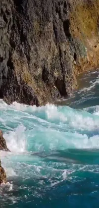 This live wallpaper depicts a surfer riding huge waves in the Caribbean sea against a backdrop of turquoise waters, rocks and stunning natural cave wall