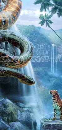 This live phone wallpaper features a stunning matte painting of two exotic animals - a snake and a leopard - in front of a cascading waterfall in a tropical paradise
