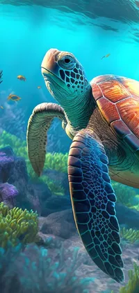 This live wallpaper features a highly-detailed 3D rendering of a colorful turtle swimming in the ocean